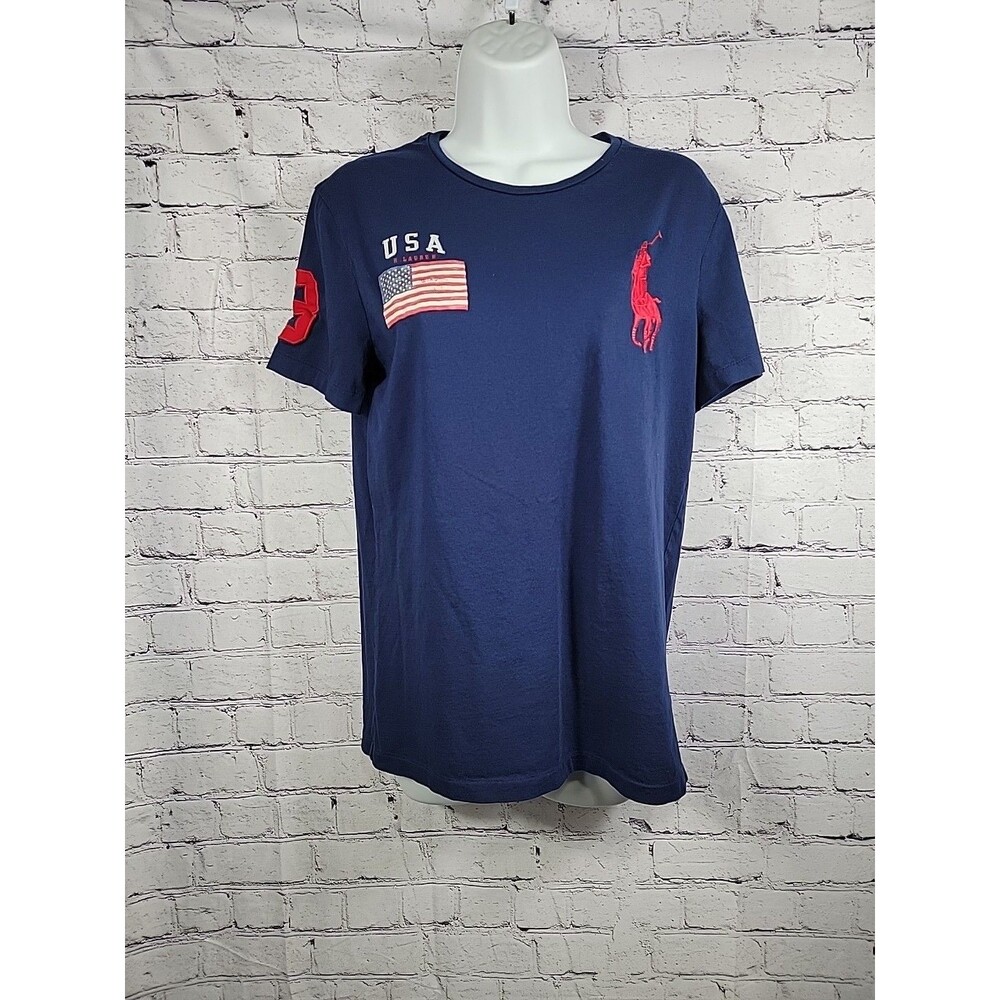 Polo Ralph Lauren Shirt Custom Fit Size Med Blue USA Flag Embroidered Red Pony